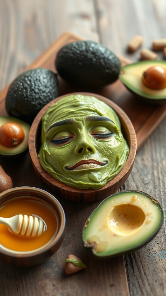 Hydrating avocado face mask with fresh avocados and honey on a wooden surface