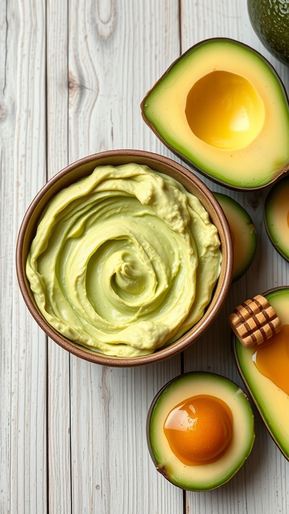 A creamy avocado face mask in a bowl with sliced avocados and a honey dipper