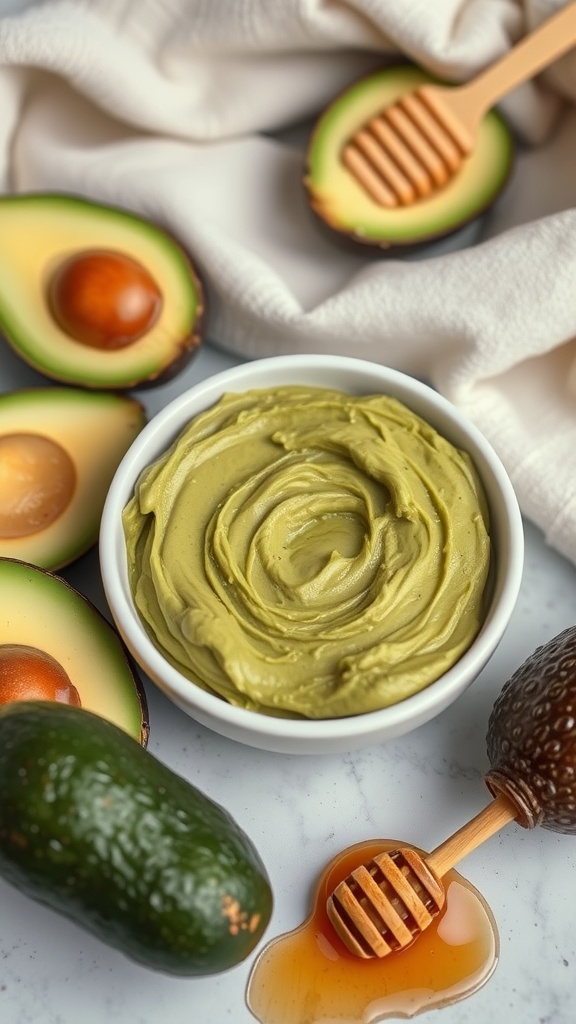 A creamy avocado face mask in a bowl with fresh avocados and honey around it.