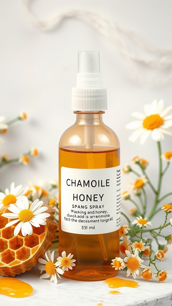A bottle labeled 'Chamomile Honey Spray' surrounded by chamomile flowers and honeycomb.