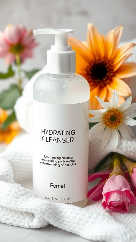 A bottle of hydrating cleanser, surrounded by colorful flowers and a white towel.
