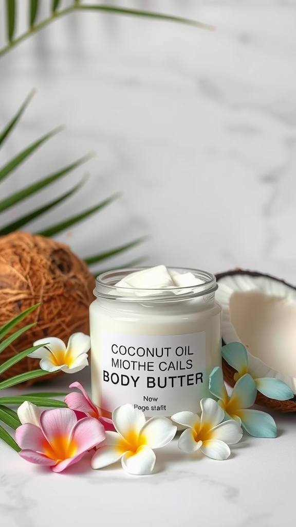 A jar of coconut oil body butter surrounded by tropical flowers and a coconut half.