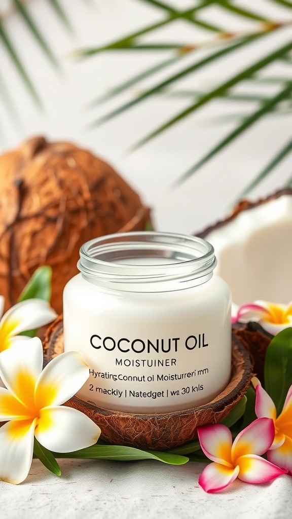 A jar of coconut oil moisturizer surrounded by coconut shells and tropical flowers.
