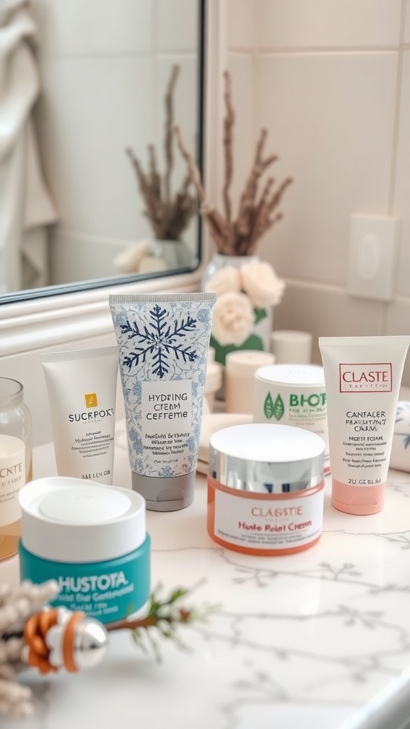 Assorted hydrating creams displayed on a bathroom countertop.