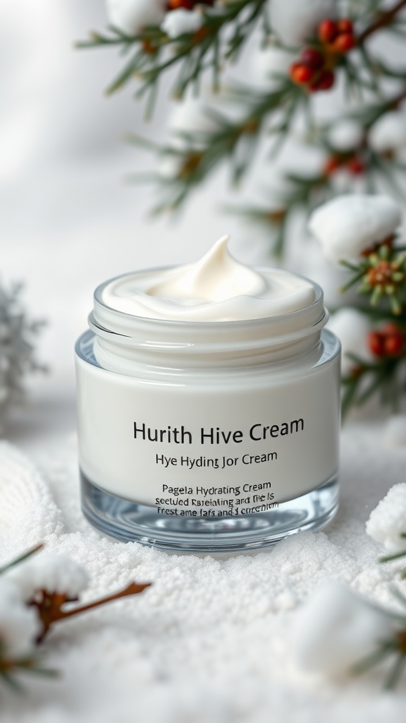 A jar of Hurith Hive Cream placed on a snowy surface with pine branches in the background.