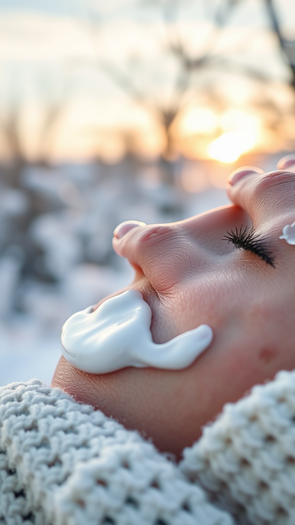 A close-up of a hand applying hydrating cream to a face, with a snowy background at sunset.