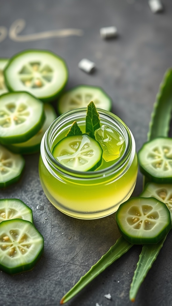 A jar of hydrating cucumber and aloe gel surrounded by cucumber slices and aloe vera leaves.