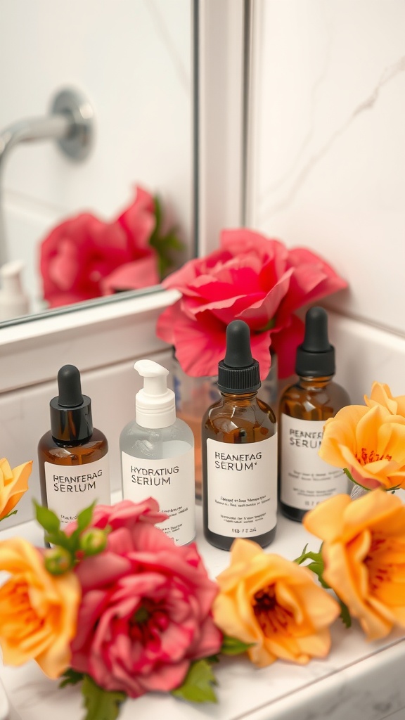 A collection of hydrating serums displayed with flowers