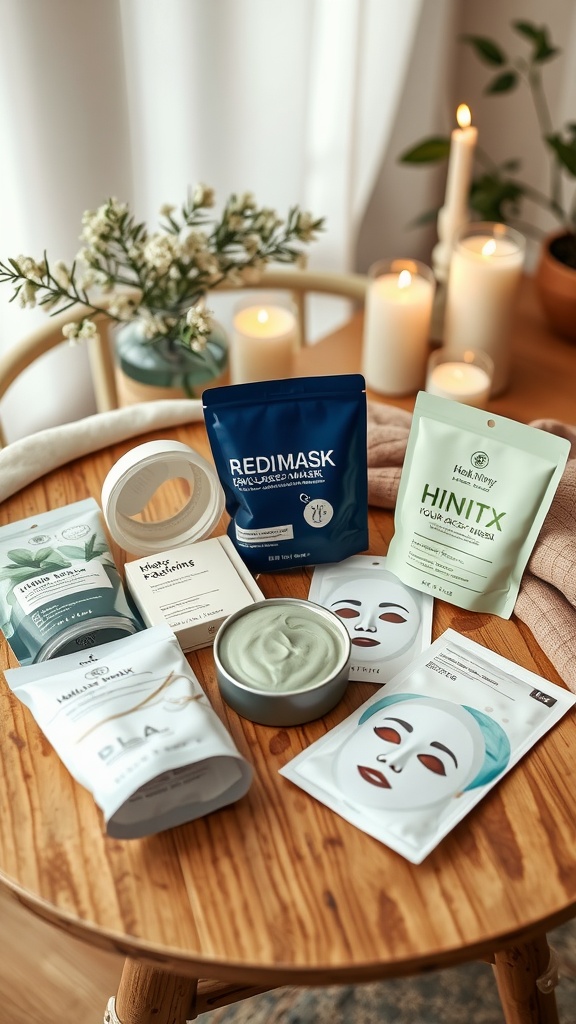 A variety of hydrating face masks displayed on a wooden table, surrounded by candles and greenery.