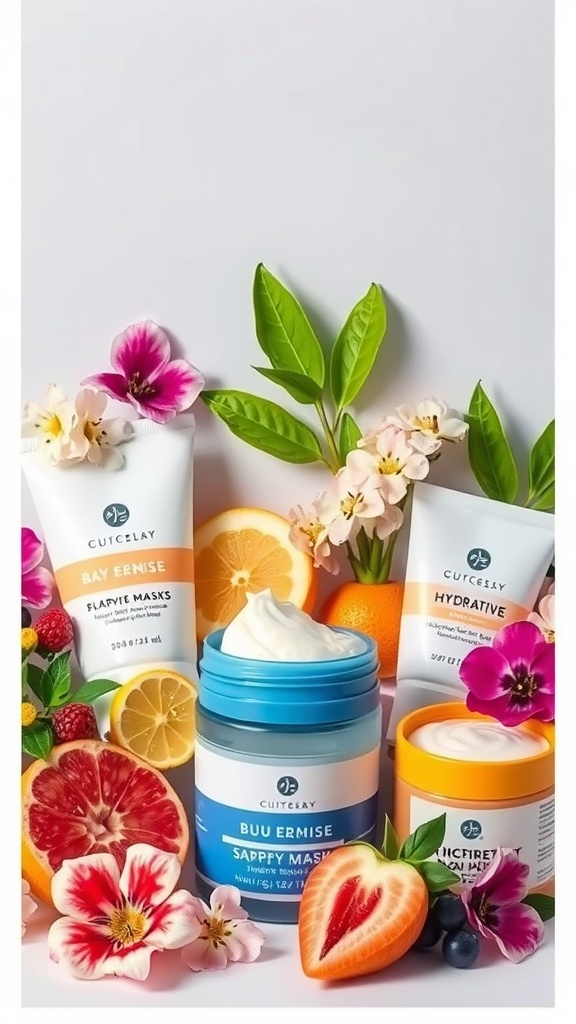 An assortment of hydrating face masks surrounded by vibrant fruits and flowers, promising moisture and nourishment for dry skin.