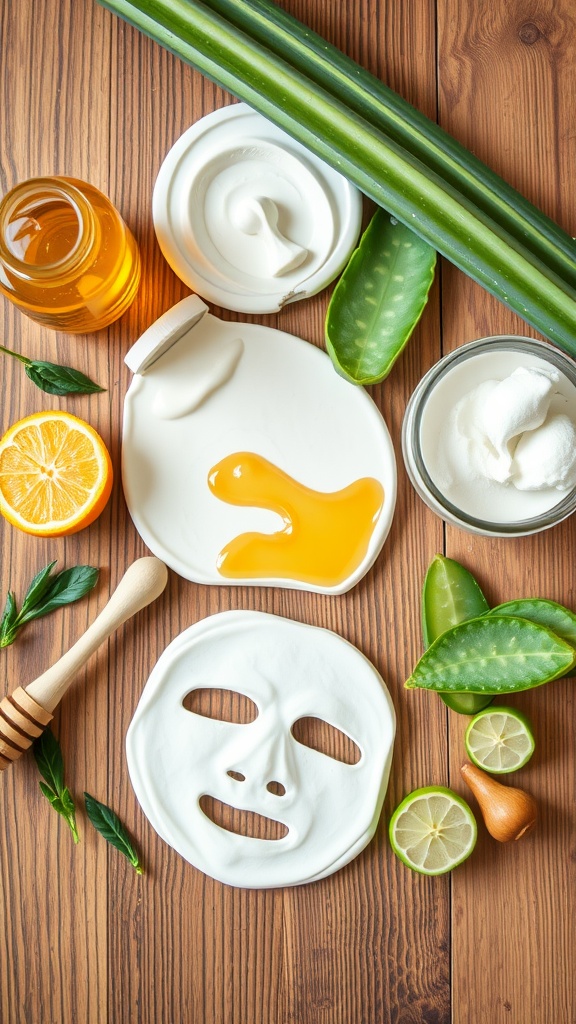 An arrangement of skincare ingredients including honey, lemon, aloe vera, and a face mask on a wooden surface.