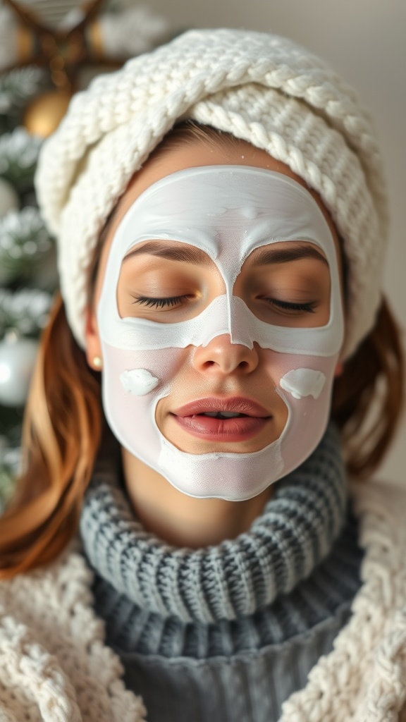 A woman wearing a hydrating face mask, cozy sweater, and knitted hat, enjoying a serene moment.