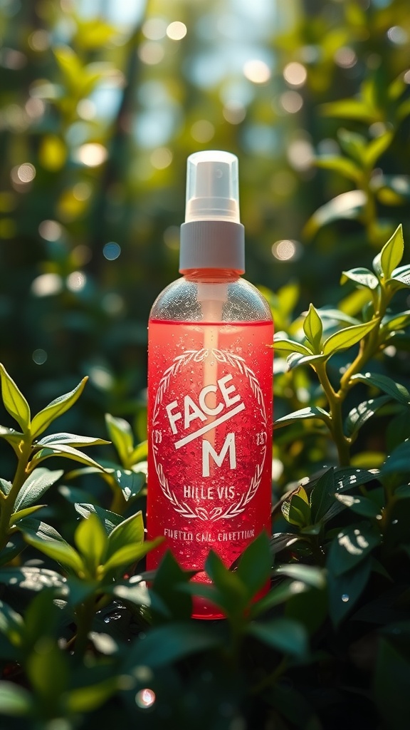 A vibrant pink face mist bottle surrounded by green leaves, symbolizing refreshment and hydration.