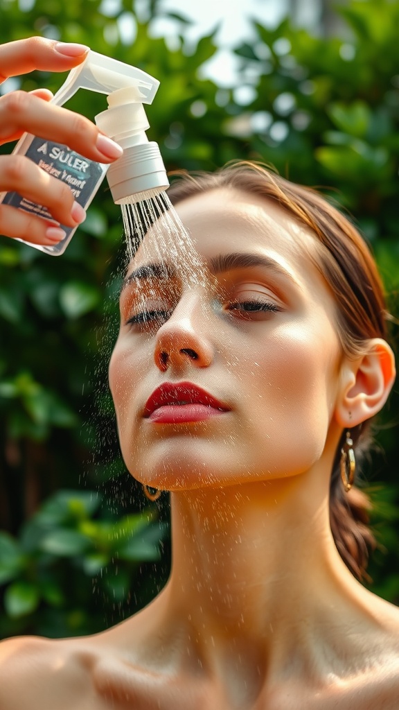 A woman applying a hydrating face mist to her face in a natural setting.