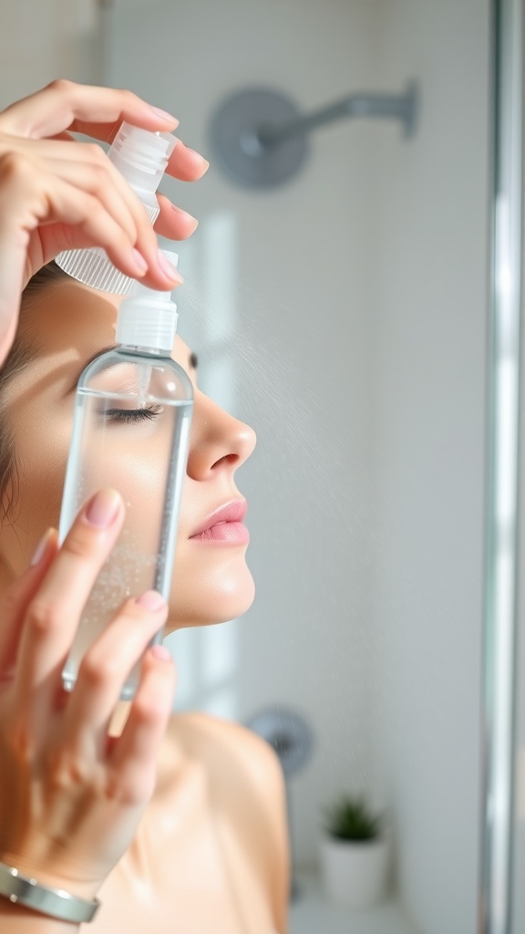 A woman is applying a hydrating facial mist to her face, showcasing the refreshing effect of skincare products.