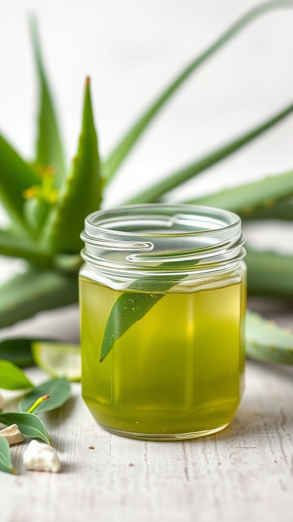 A jar of green tea and aloe vera gel surrounded by aloe vera leaves