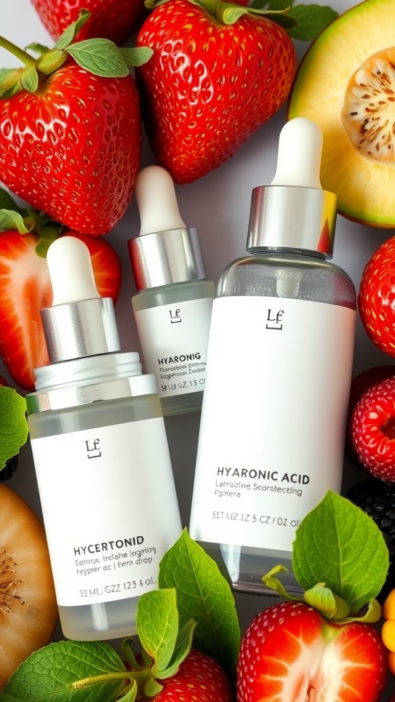 Bottles of skincare serums surrounded by fresh strawberries and melons.