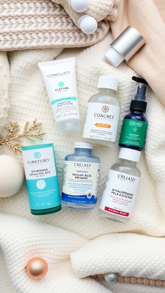 A collection of hydrating skincare products on a cozy knit fabric, featuring various serums and moisturizers perfect for winter skincare.
