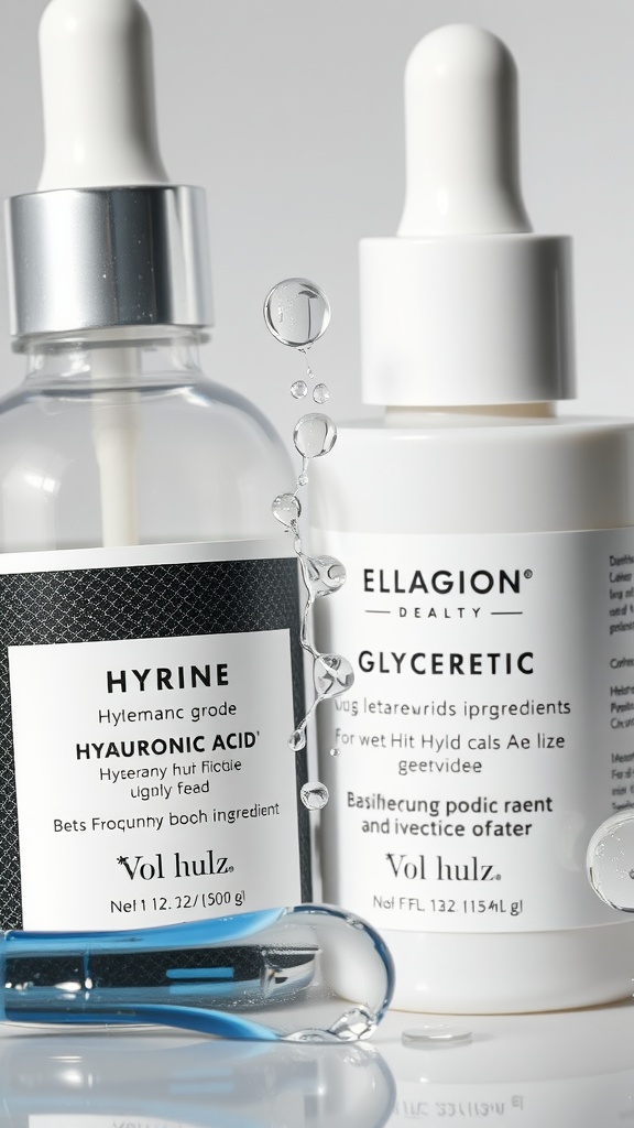 Two skincare products with hydrating ingredients, featuring hyaluronic acid and glycerin.