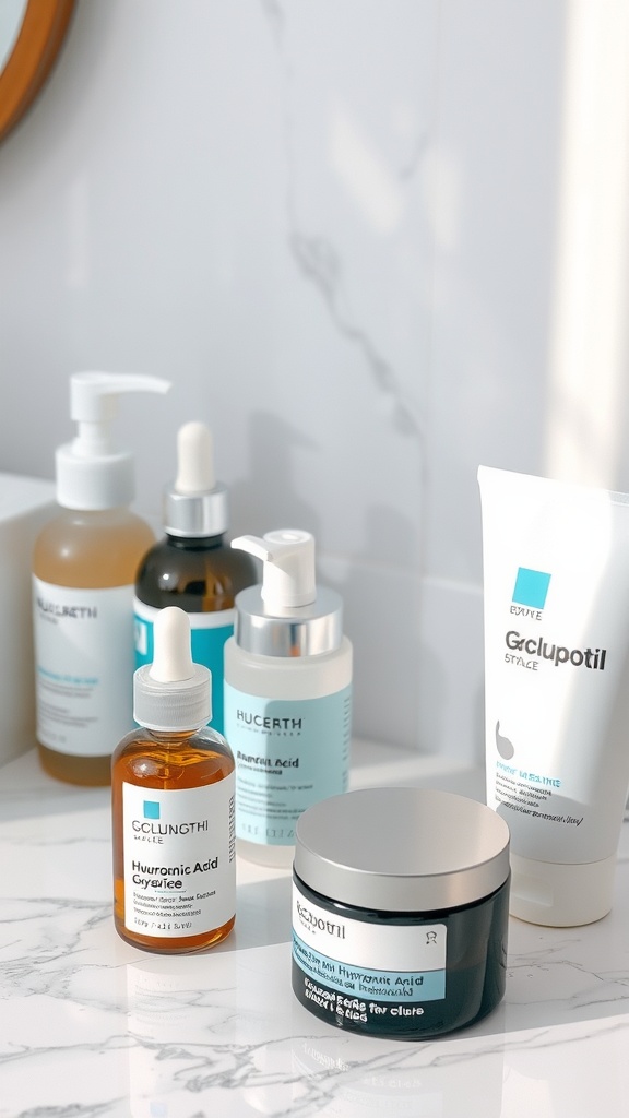 An array of skincare products featuring hydrating elements, including serums with hyaluronic acid.