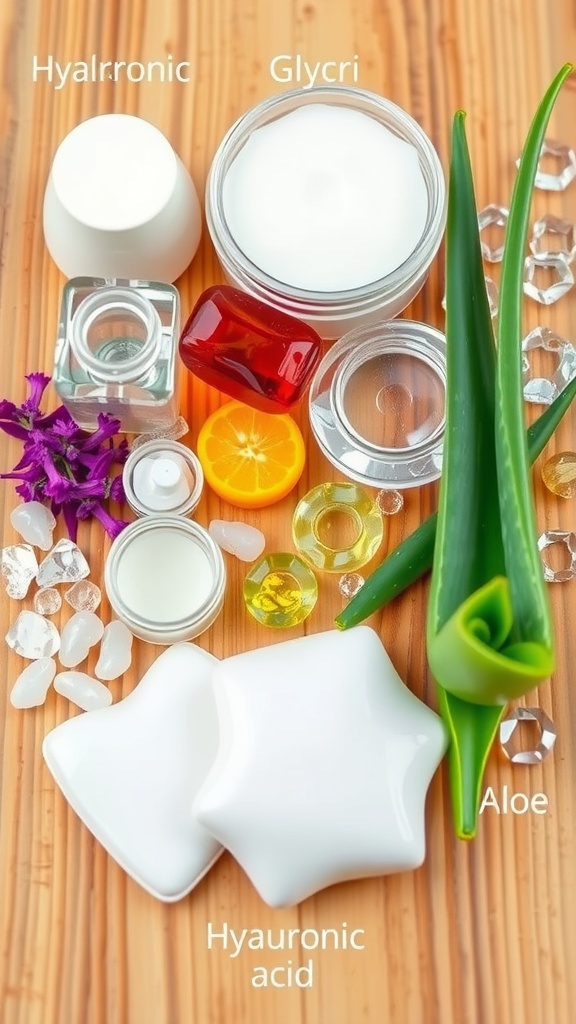 An assortment of hydrating skincare ingredients including hyaluronic acid, glycerin, and aloe vera arranged on a wooden surface.