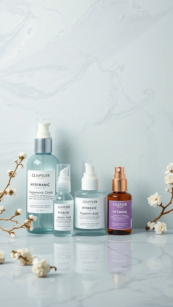 A collection of hydrating skincare products including serums and facial oils, designed for dry skin.