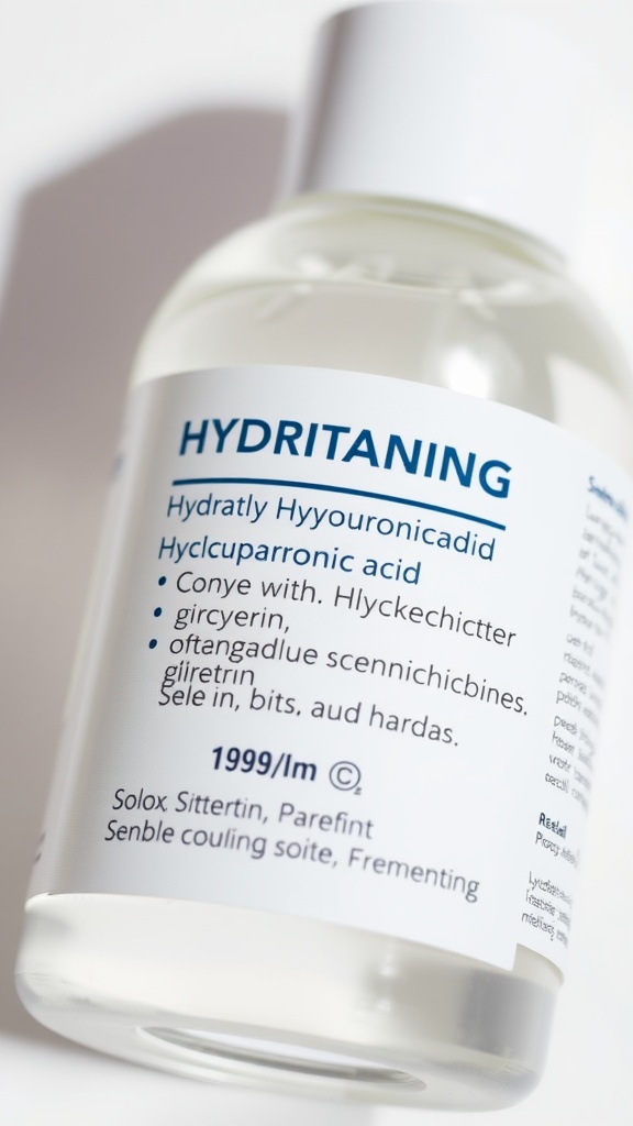 A bottle of skincare product labeled 'HYDRITANING' featuring key hydrating ingredients.