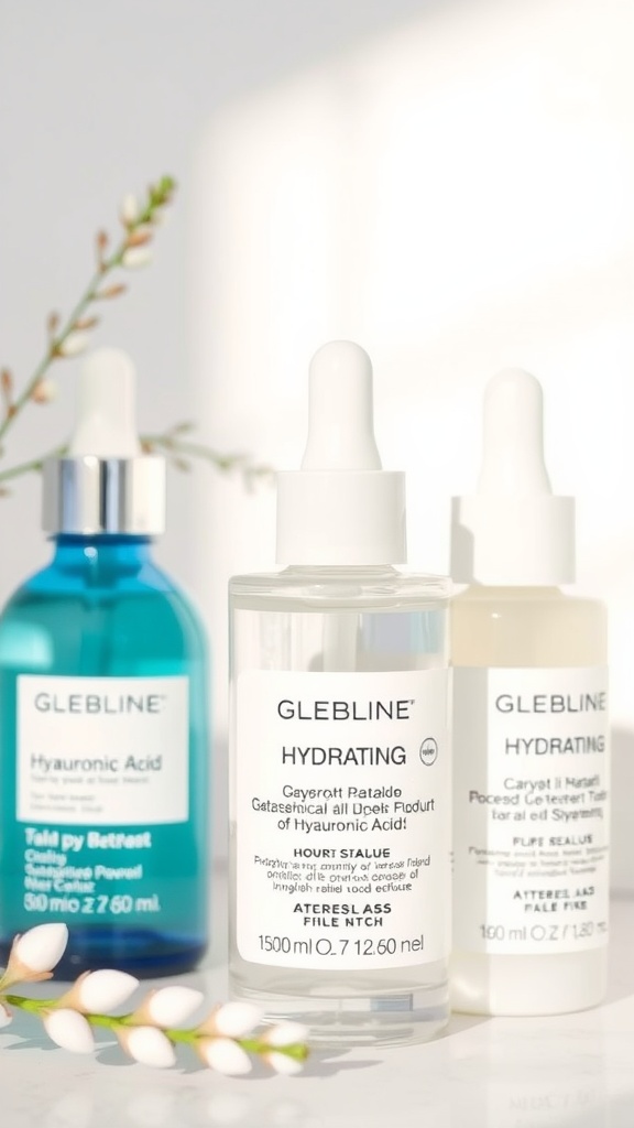 Display of hydrating skincare products featuring hyaluronic acid.