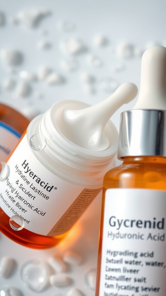 Bottles of skincare products featuring hyaluronic acid and glycerin, placed on a white surface with small white capsules.