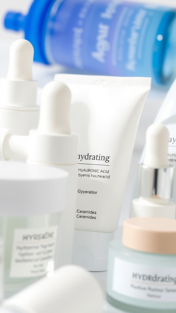 Variety of skincare products focused on hydration, including creams and serums.
