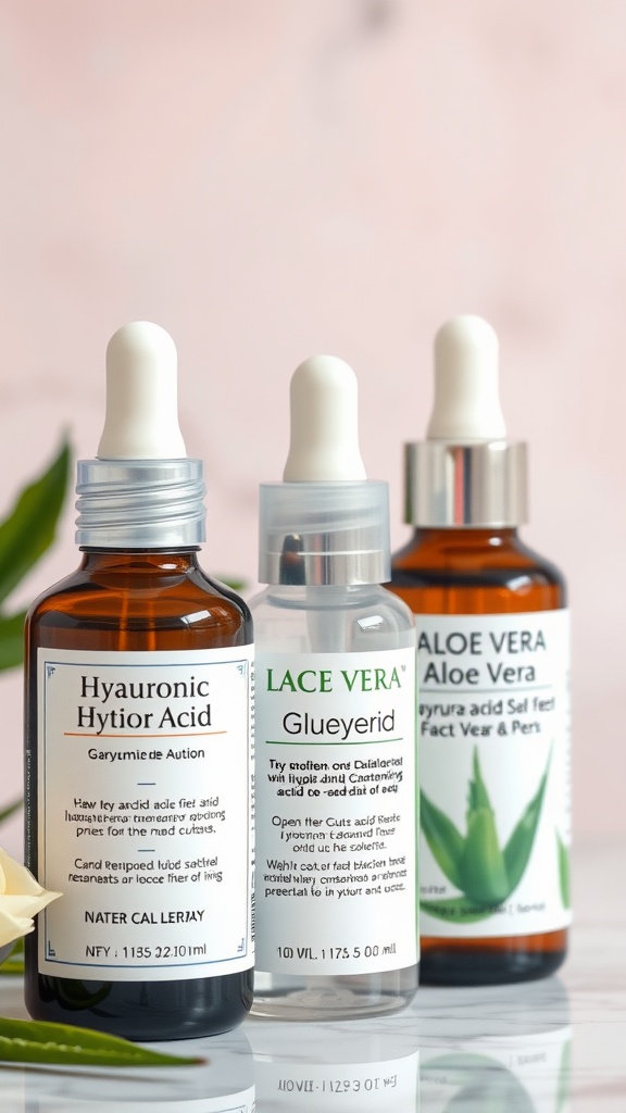 Three skincare serum bottles featuring hyaluronic acid, lace vera, and aloe vera on a soft background.