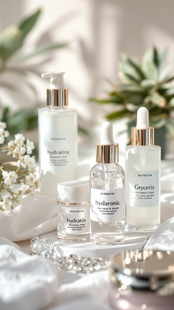 An assortment of hydrating skincare products displayed elegantly on a soft surface, featuring various labeled bottles and jars.