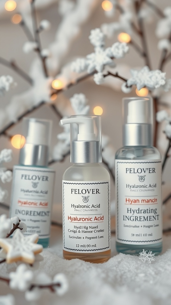Three bottles of hyaluronic acid skincare products on a snowy background