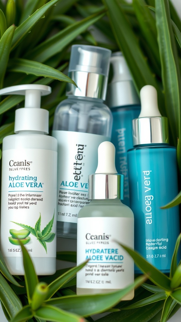 Various skincare products featuring aloe vera, surrounded by green leaves.