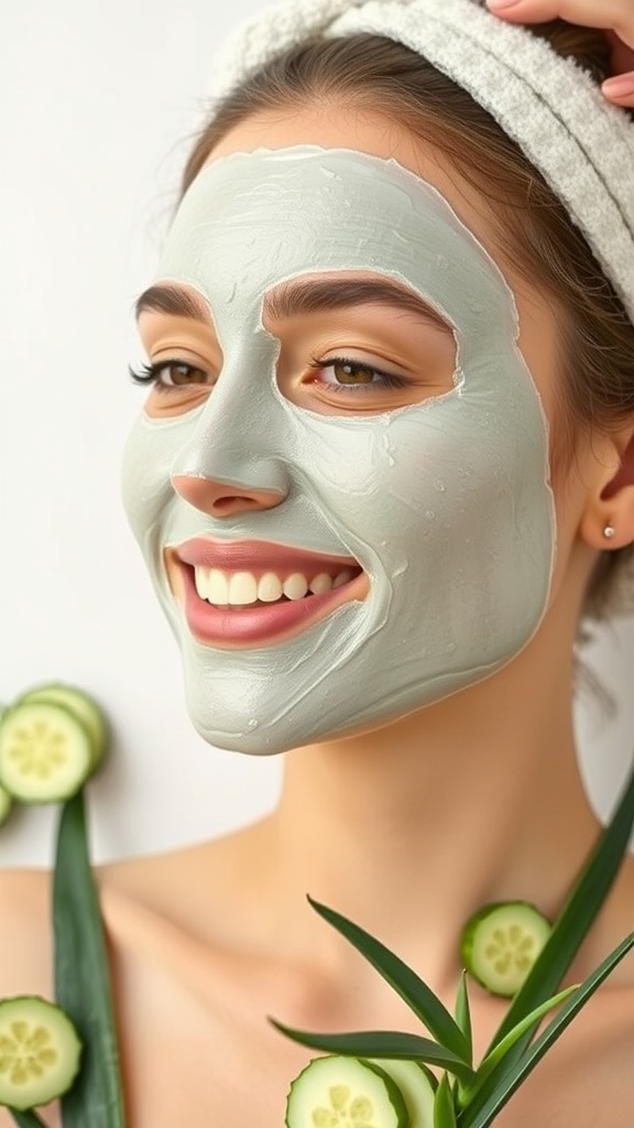 A woman with a green facial mask smiling, surrounded by cucumber slices.
