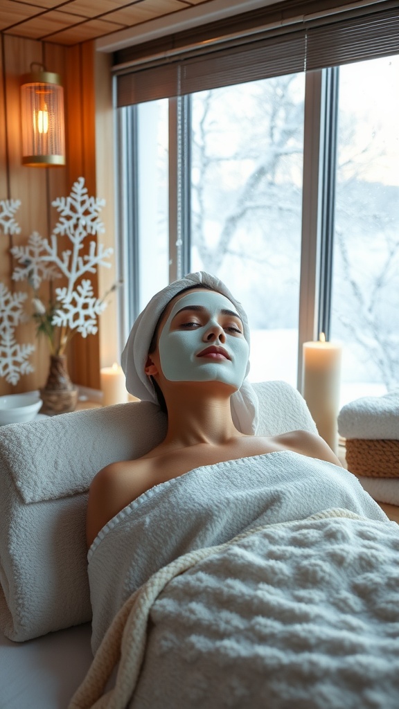 Person relaxing with a hydrating mask in a cozy spa setting with a winter view.