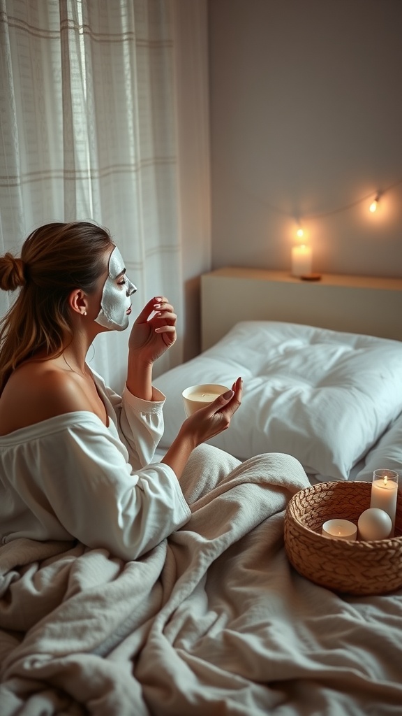 A person applying a hydrating mask while sitting in bed, surrounded by soft lighting and cozy blankets.