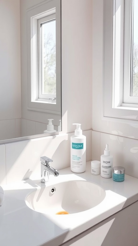 A bright bathroom sink area with skincare products on the counter, showcasing a hydrating morning routine.