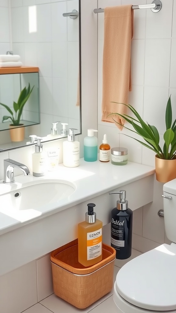 A bright bathroom featuring a variety of skincare products, including cleansers and moisturizers, with a plant in the background.