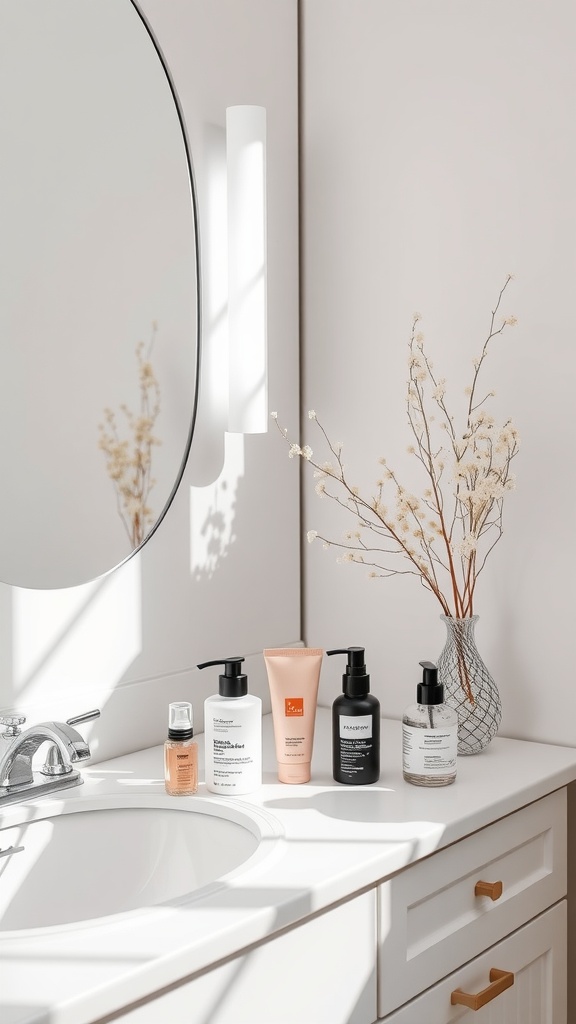 A well-organized bathroom counter featuring a mirror, skincare products, and dried flowers in a vase.
