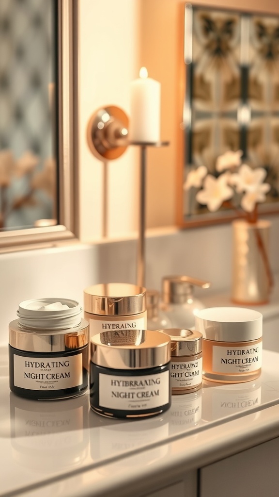 A selection of hydrating night creams displayed on a bathroom countertop, featuring various jars with elegant labels.