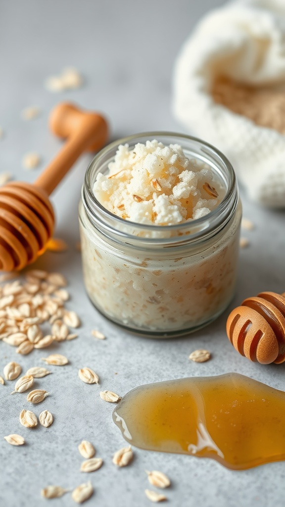 A jar of hydrating oatmeal and honey scrub with scattered oats and honey drizzle around it.