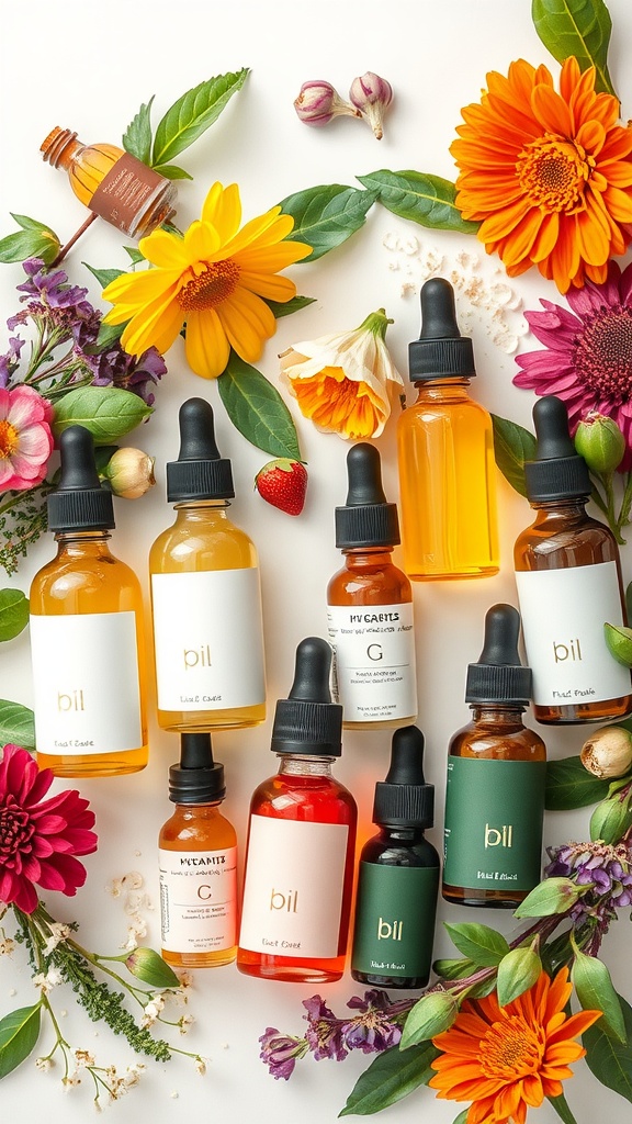 An assortment of colorful hydrating oils placed among vibrant flowers, highlighting natural skincare ingredients.