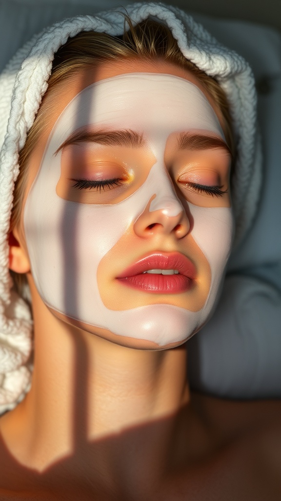 A person relaxing with a hydrating facial mask on, showcasing a skincare routine.