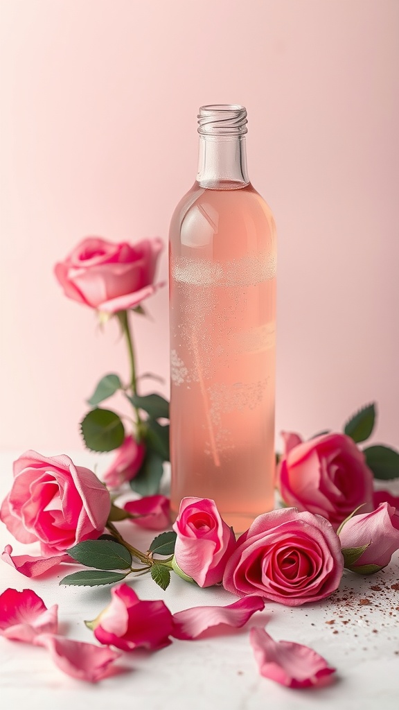 A glass bottle of rosewater surrounded by pink roses and petals on a soft pink background.