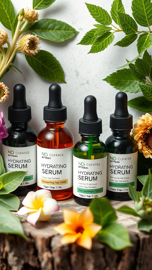 A collection of hydrating serums arranged on a wooden surface with leaves and flowers.