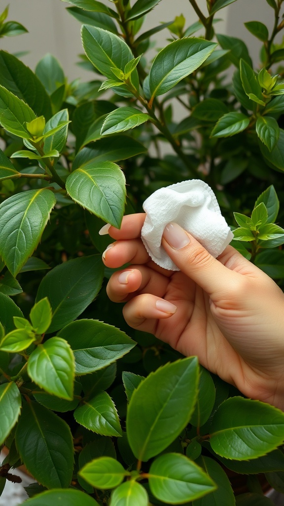 A hand applying toner on a cotton pad, surrounded by green leaves.