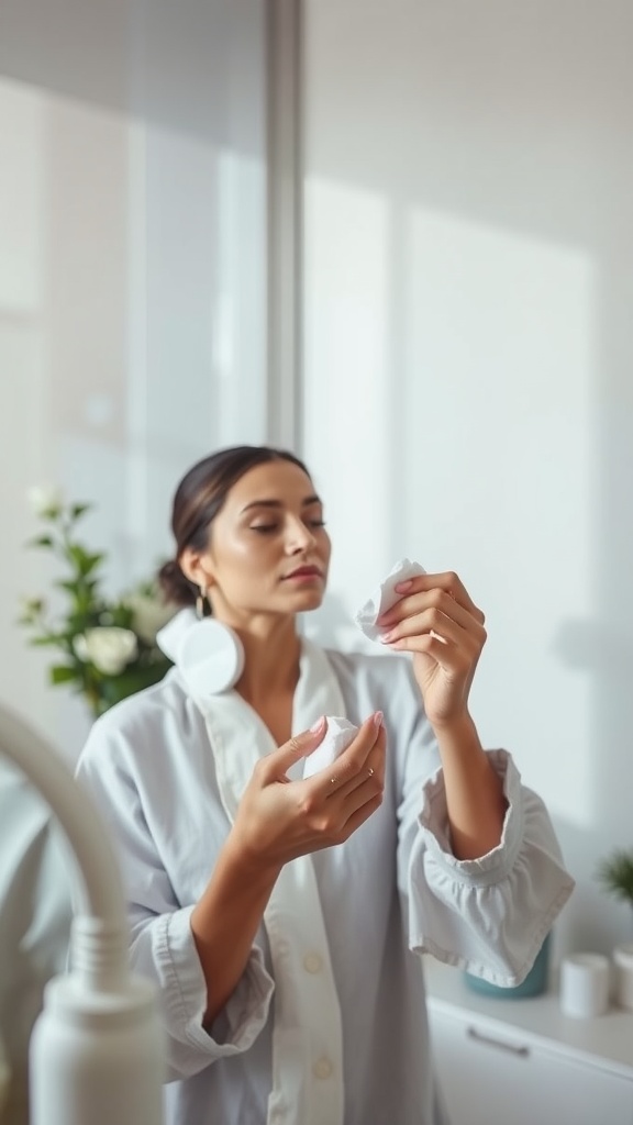 A person applying hydrating toner with cotton pads in a bright room