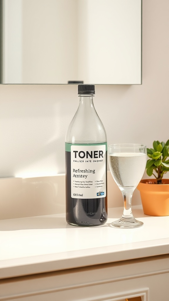 A bottle of hydrating toner labeled 'Refreshing Amity' next to a glass of water on a bathroom countertop.
