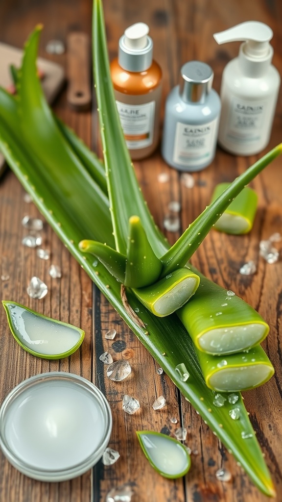 Fresh aloe vera leaves with gel inside, surrounded by skincare products